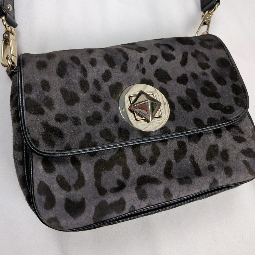 Kate Spade Gray Leopard Print Calf Hair Shoulder Bag Gold Turn Lock Preppy